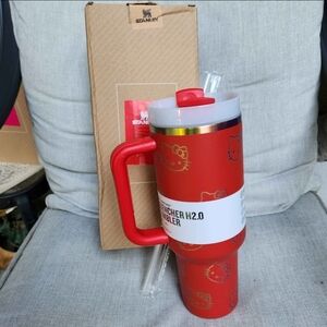 Hello Kitty 40oz Cup Tumbler Laser Engraved Graphics Red &gold Stanley